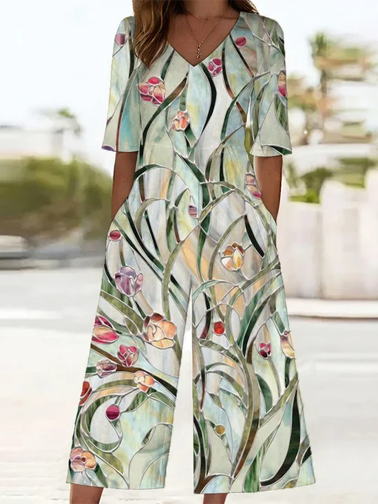 Women Floral V Neck Half Sleeve Casual Summer Jumpsuit