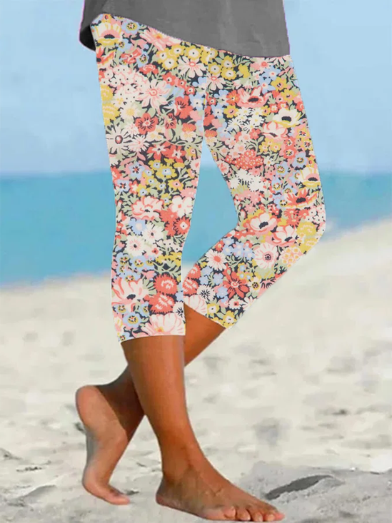 Women Floral Capris Elastic Waist Pants Casual Summer Trousers
