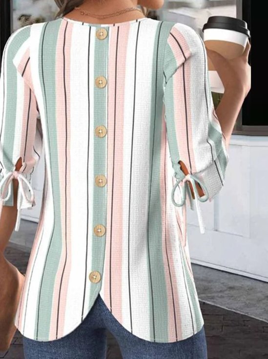 Women Striped Half Sleeve Blouse Summer Crew Neck Balloon Sleeve Daily Casual Top