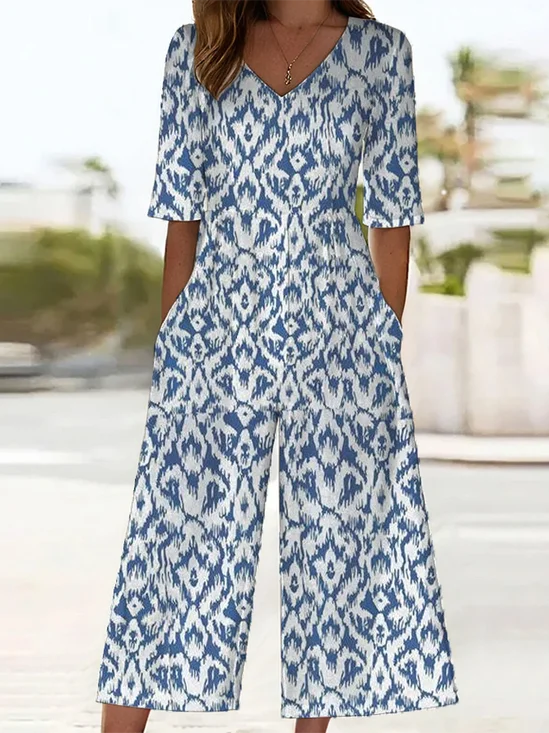 Women Geometric V Neck Half Sleeve Casual Summer Jumpsuit