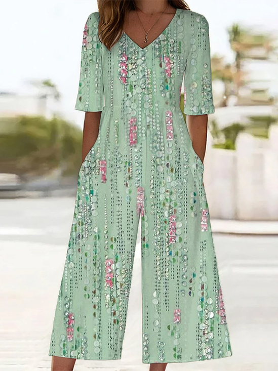 Women Abstract V Neck Half Sleeve Casual Summer Jumpsuit