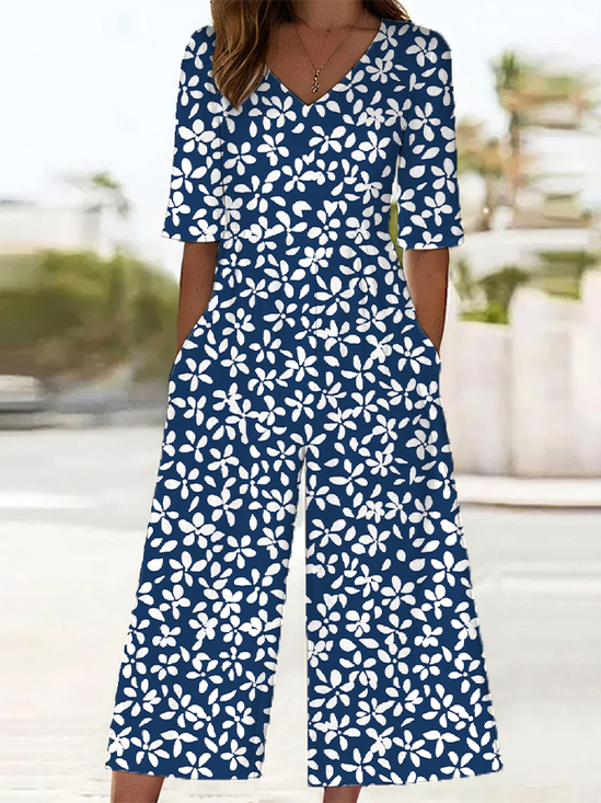 Women Floral V Neck Half Sleeve Casual Summer Jumpsuit