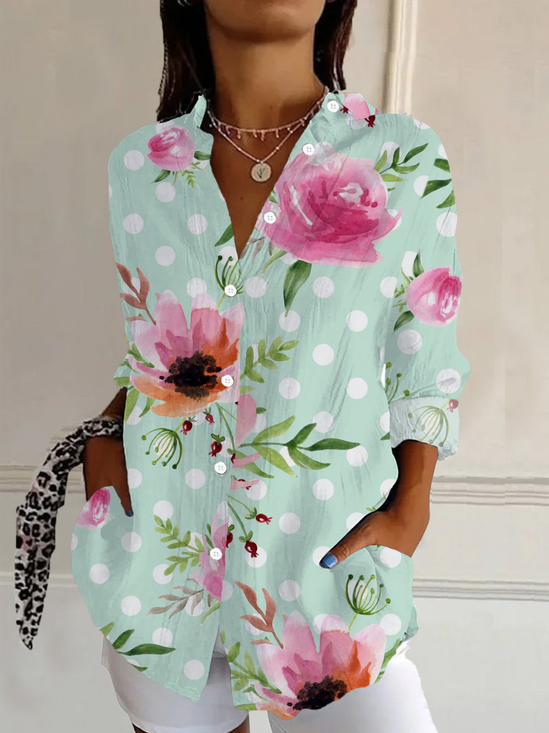Women Polka Dots Long Sleeve Shirt Spring/Fall Buckle Shirt Collar Daily Casual Top