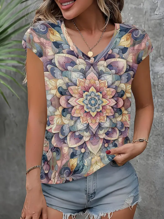 Women Floral Short Sleeve Tee T-shirt V Neck Printing Casual Summer Graphic Tee Top