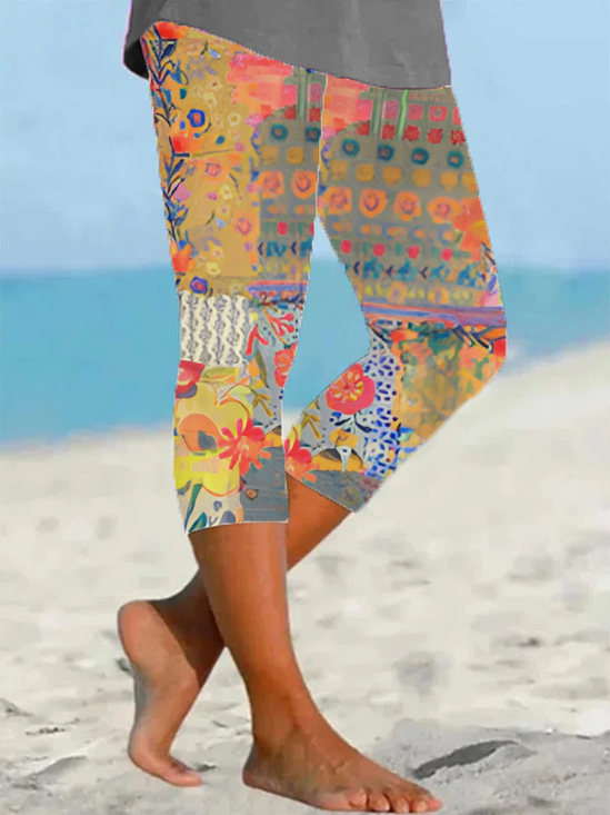 Women Floral Capris Elastic Waist Pants Casual Summer Trousers