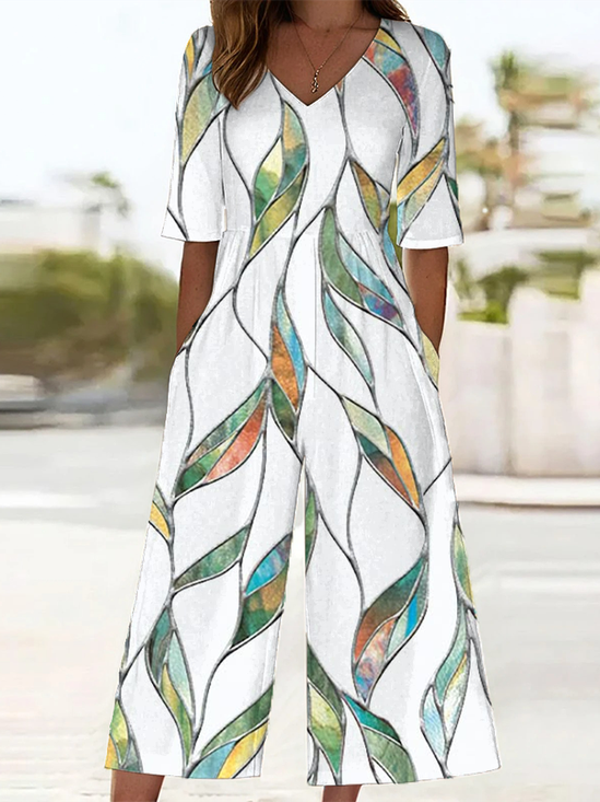Women Floral V Neck Half Sleeve Casual Summer Jumpsuit