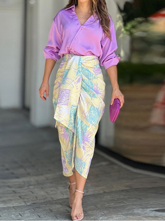 Women Geometric Printing Two-Piece Set Daily Three Quarter Sleeve Casual Spring/Fall Top With Skirt Matching Set