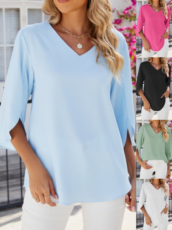 Women Plain Half Sleeve Shirt Summer Split Joint V Neck Daily Casual Top