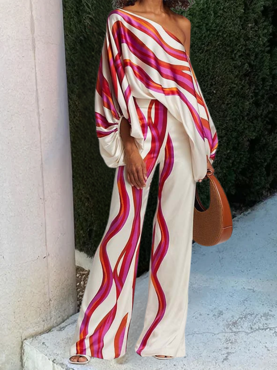 Women Striped Printing Dolman Sleeve Two-Piece Set Daily Half Sleeve Casual Summer Top With Pants Matching Set