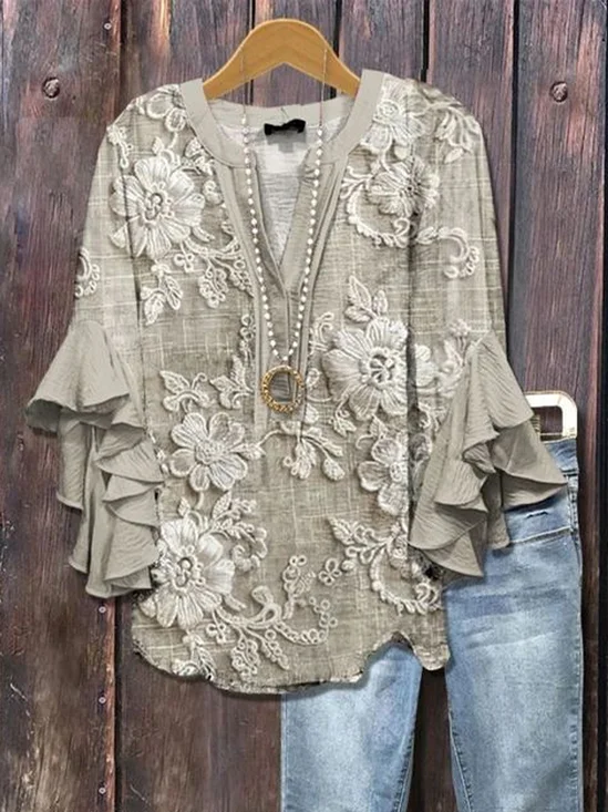 Women Floral Half Sleeve Shirt Summer Printing V Neck Daily Casual Top