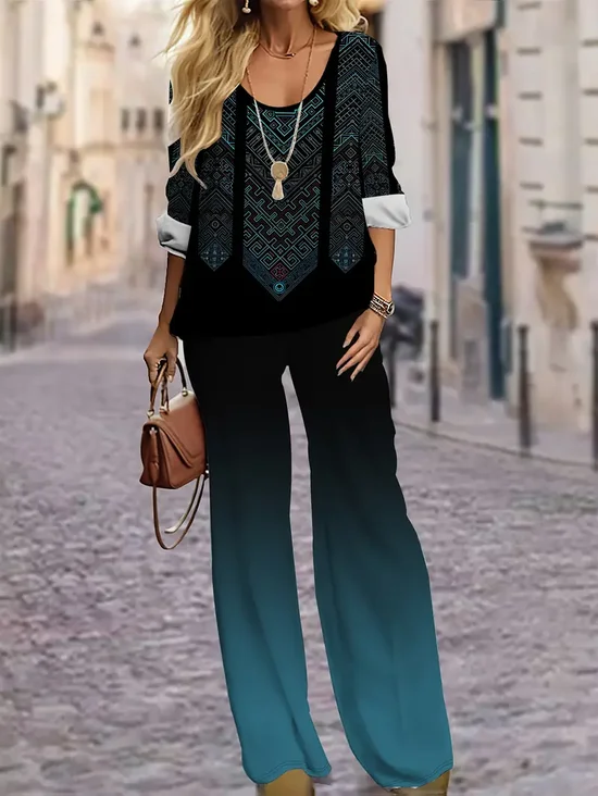 Women Geometric Printing Two-Piece Set Daily Long Sleeve Casual Spring/Fall Top With Pants Matching Set