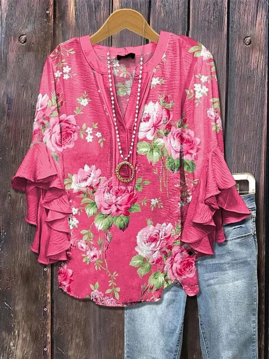 Women Floral Half Sleeve Shirt Summer Printing V Neck Daily Casual Top