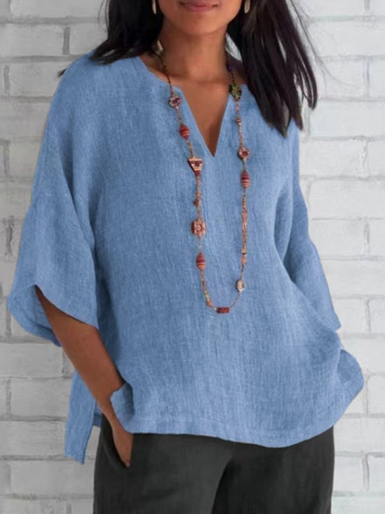 Women Plain Half Sleeve Blouse Summer V Neck Daily Casual Top