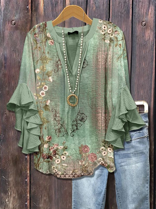 Women Floral Half Sleeve Shirt Summer Printing V Neck Daily Casual Top