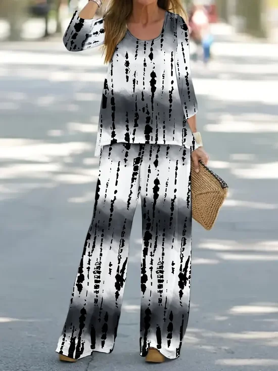 Women Abstract Printing Two-Piece Set Daily Long Sleeve Casual Spring/Fall Top With Pants Matching Set