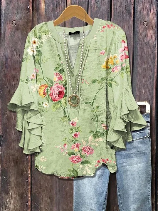 Women Floral Half Sleeve Shirt Summer Printing V Neck Daily Casual Top