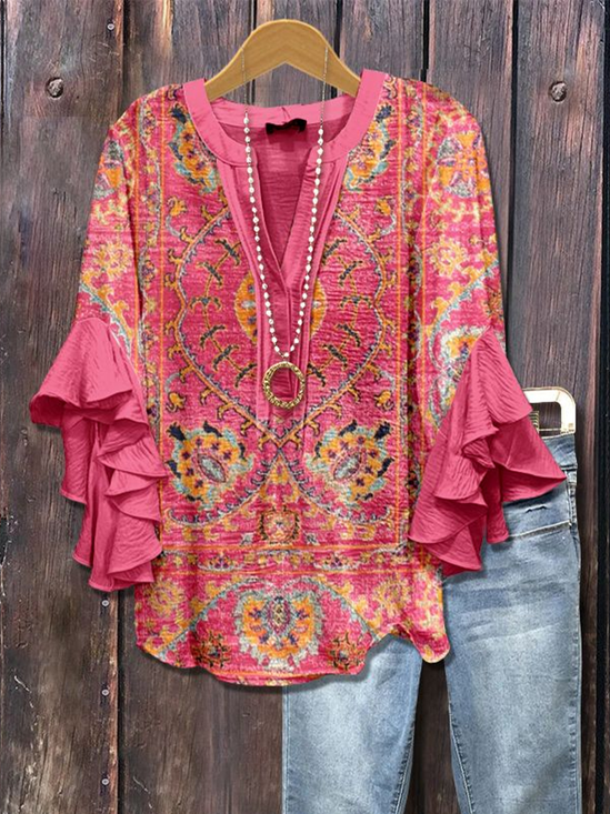 Women Floral Half Sleeve Shirt Summer Printing V Neck Daily Casual Top