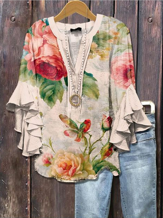 Women Floral Half Sleeve Shirt Summer Printing V Neck Daily Casual Top