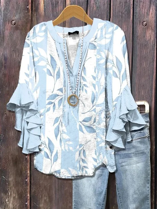 Women Floral Half Sleeve Shirt Summer Printing V Neck Daily Casual Top