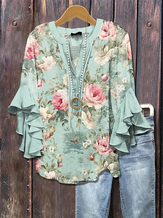 Women Floral Half Sleeve Shirt Summer Printing V Neck Daily Casual Top