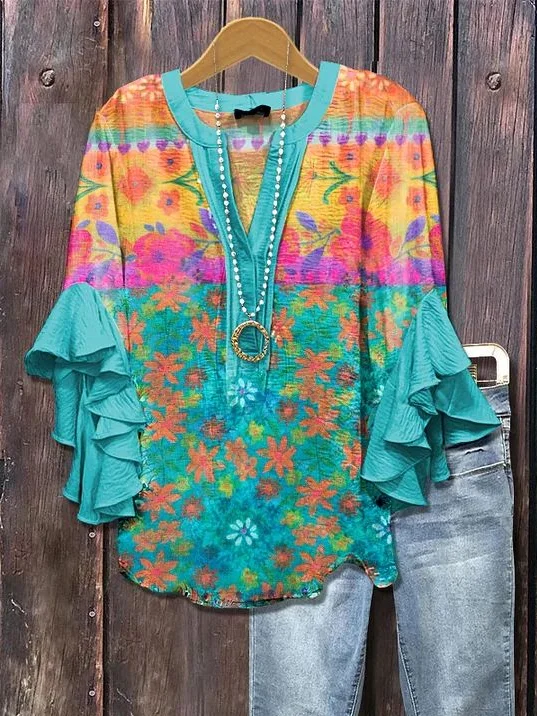 Women Floral Half Sleeve Shirt Summer Printing V Neck Daily Casual Top