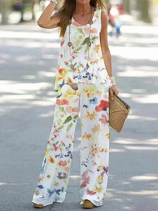 Women Floral Printing Two-Piece Set Daily Sleeveless Casual Summer Multi-Piece Set Matching Set
