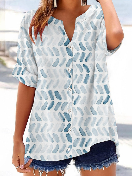 Women Geometric Short Sleeve Shirt Summer Printing V Neck Daily Casual Top
