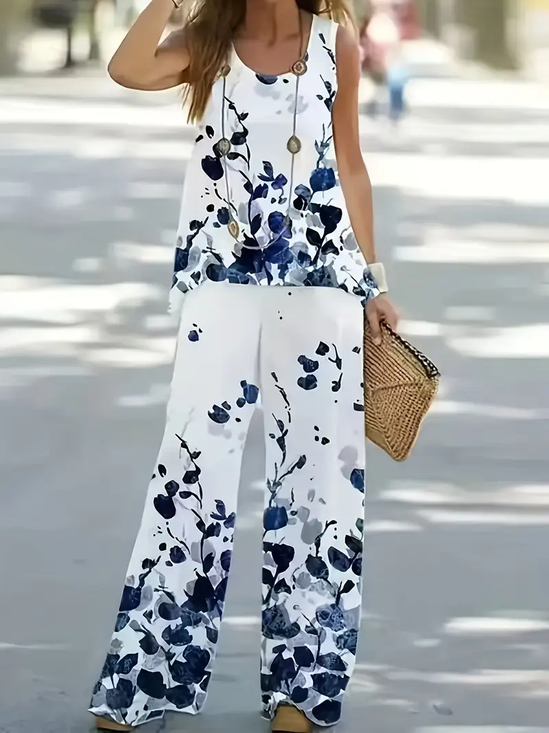 Women Floral Printing Two-Piece Set Daily Sleeveless Casual Summer Multi-Piece Set Matching Set