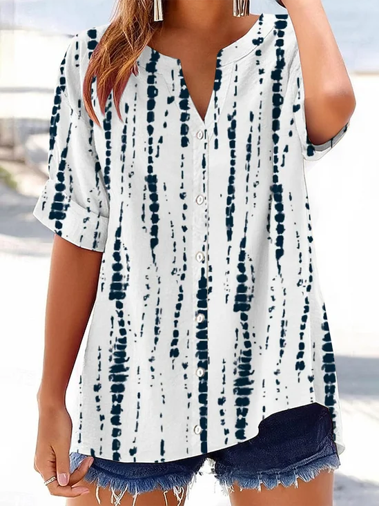 Women Abstract Stripes Short Sleeve Shirt Summer Printing V Neck Daily Casual Top