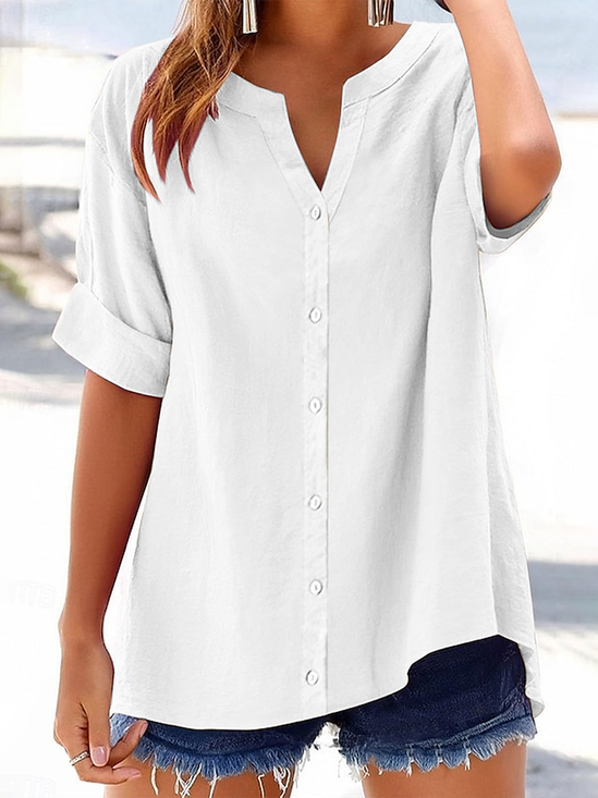 Women Plain Short Sleeve Shirt Summer Printing V Neck Daily Casual Top