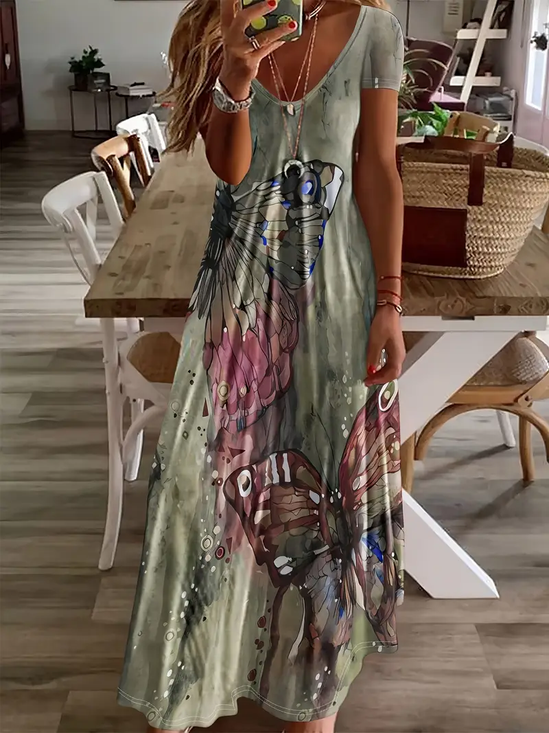 Women Butterfly Short Sleeve Summer Printing Dress V Neck Daily Casual Maxi X-Line Dress