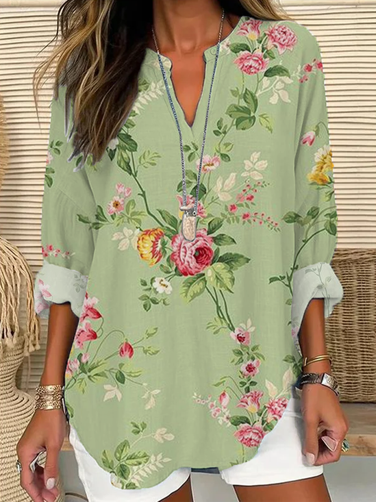 Women Floral Long Sleeve Blouse Spring/Fall Printing V Neck Daily Casual Top
