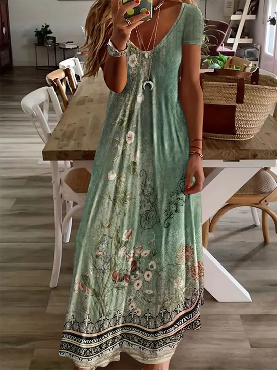 Women Floral Short Sleeve Summer Printing Dress V Neck Daily Casual Maxi X-Line Dress