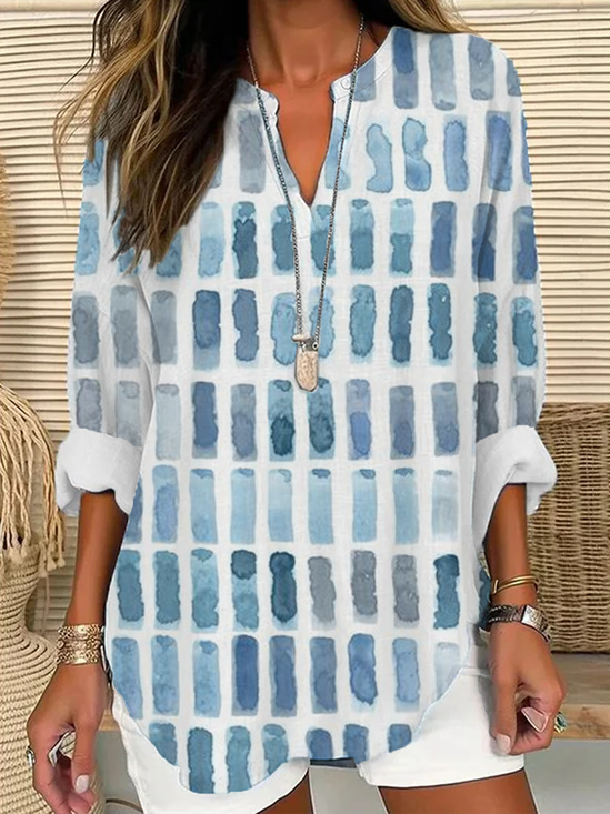 Women Geometric Long Sleeve Blouse Spring/Fall Printing V Neck Daily Casual Top