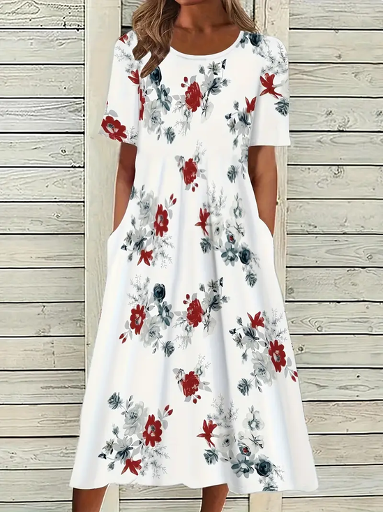 Women Floral Half Sleeve Summer Printing Dress Crew Neck Daily Casual Maxi A-Line Dress