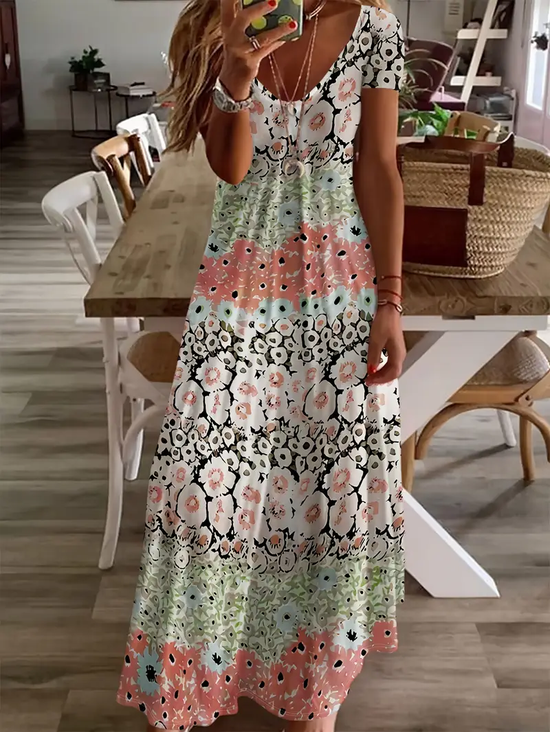 Women Floral Short Sleeve Summer Printing Dress V Neck Daily Casual Maxi X-Line Dress