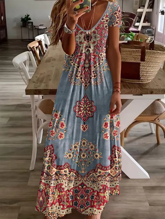 Women Floral Short Sleeve Summer Printing Dress V Neck Daily Casual Maxi X-Line Dress