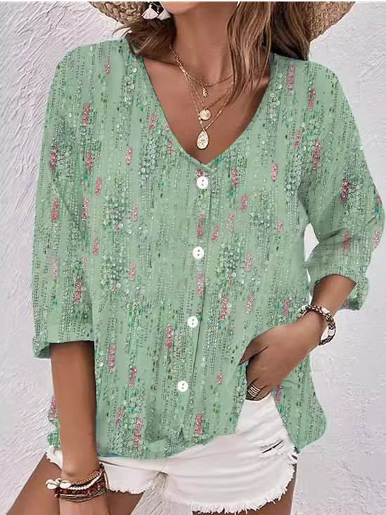 Women Floral Three Quarter Sleeve Blouse Spring/Fall Printing V Neck Daily Vintage Top