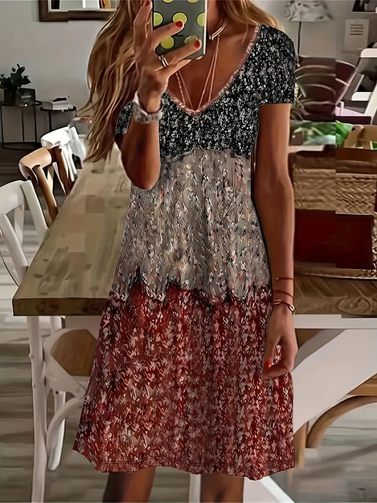 Women Floral Short Sleeve Summer Printing Dress V Neck Daily Casual Midi Fit & Flare Dress A-Line Dress