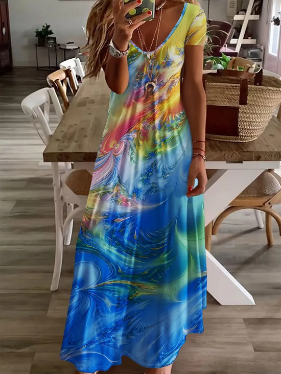 Women Abstract Short Sleeve Summer Printing Dress V Neck Daily Casual Maxi X-Line Dress