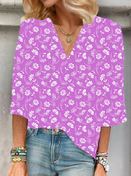Women Floral Half Sleeve Blouse Summer Shawl Collar Daily Casual Top