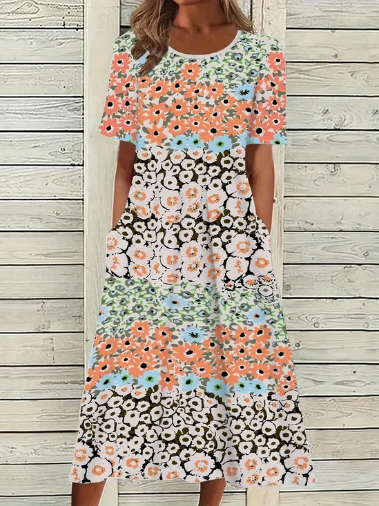 Women Floral Half Sleeve Summer Printing Dress Crew Neck Daily Casual Maxi A-Line Dress