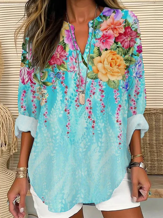 Women Floral Long Sleeve Blouse Spring/Fall Printing V Neck Daily Casual Top