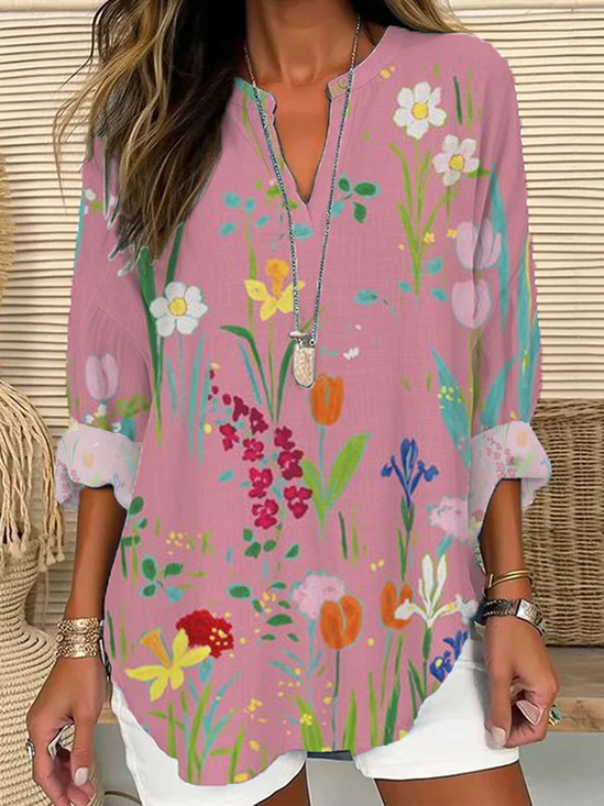 Women Floral Long Sleeve Blouse Spring/Fall Printing V Neck Daily Casual Top