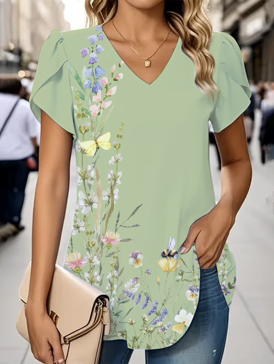 Women Floral Short Sleeve Tee T-shirt V Neck Casual Summer Graphic Tee Top