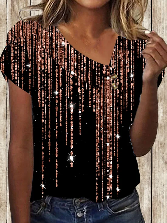 Women Geometric Short Sleeve Tee T-shirt Asymmetrical Buckle Vintage Summer Top
