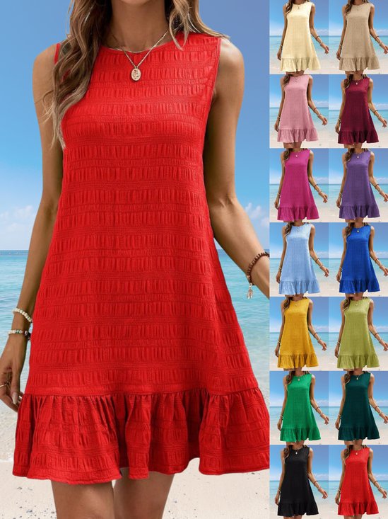 Women Plain Sleeveless Summer Gathered Dress Crew Neck Daily Casual Mini Tank A-Line Dress
