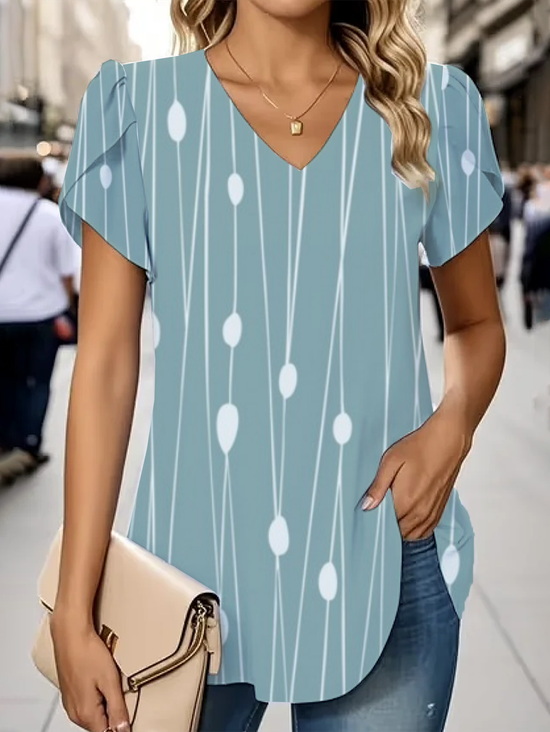 Women Striped Short Sleeve Tee T-shirt V Neck Printing Casual Summer Graphic Tee Top