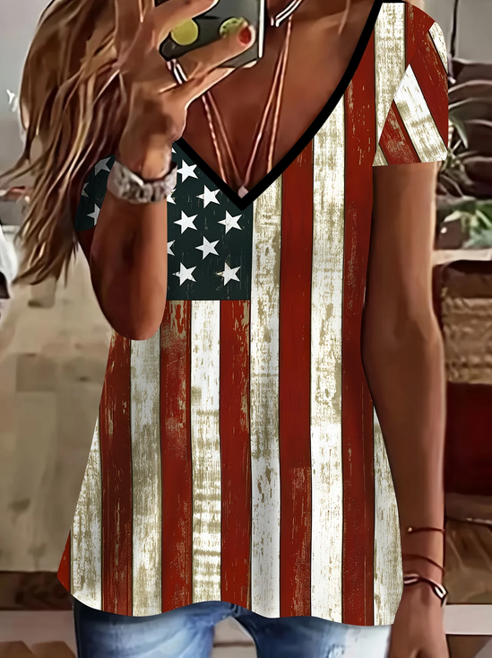 Women Independence Day (Flag) Short Sleeve Tee T-shirt V Neck Printing Casual Summer Graphic Tee Top
