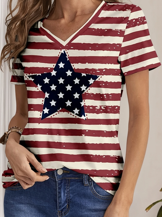 Women Star Short Sleeve Tee T-shirt V Neck Printing Casual Summer Graphic Tee Top